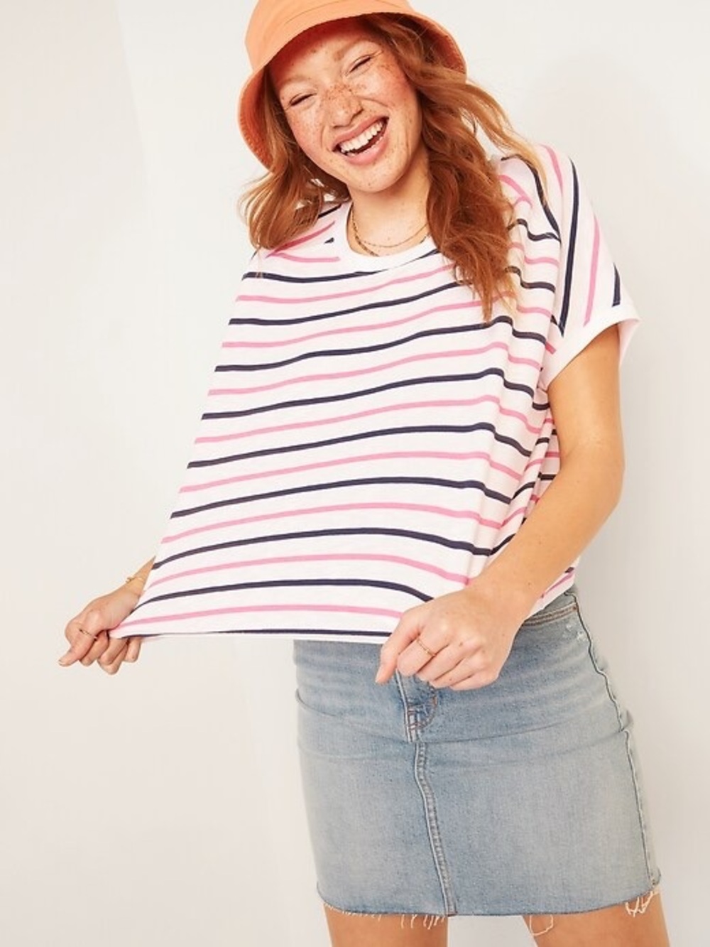 Old Navy NWT❗️Lightweight Sweatshirt Tee with Pink & Navy Stripes - Short Sleeve